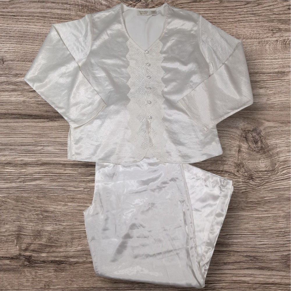 Vintage Victorias Secret Gold Label Pajama Set 90s Bride Lace Satin Modest